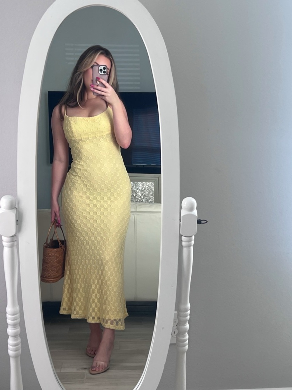Bardot Yellow Lace Maxi Dress with Spaghetti Straps